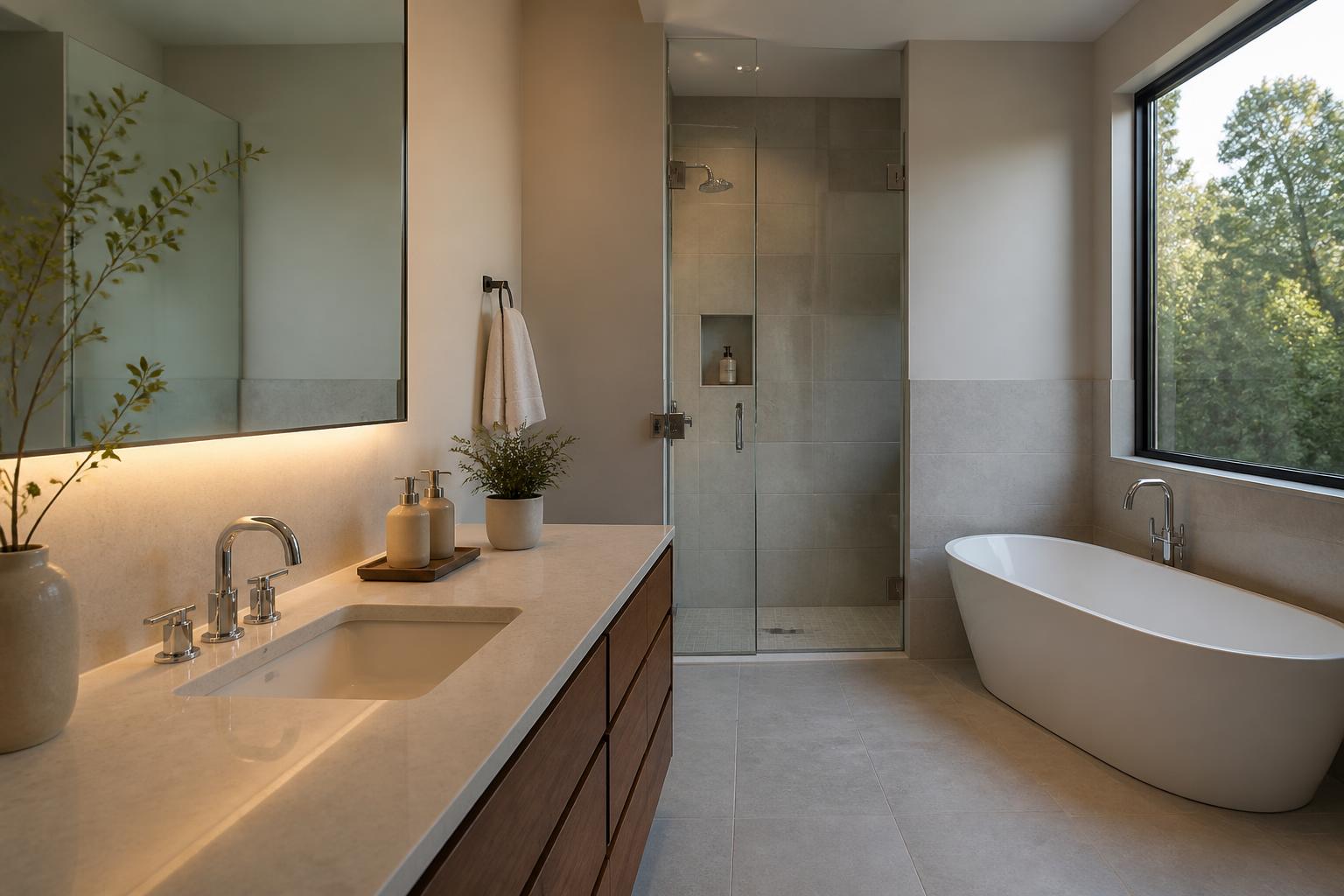 Modern bathroom with polished faucet and clean stone surfaces