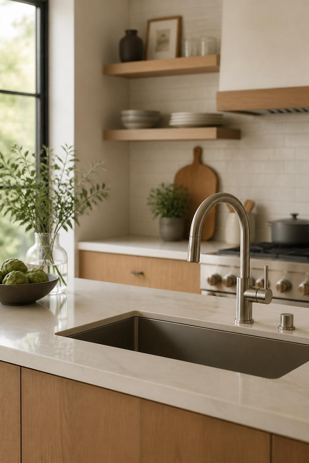 Modern kitchen sink area with clean installed plumbing fixtures
