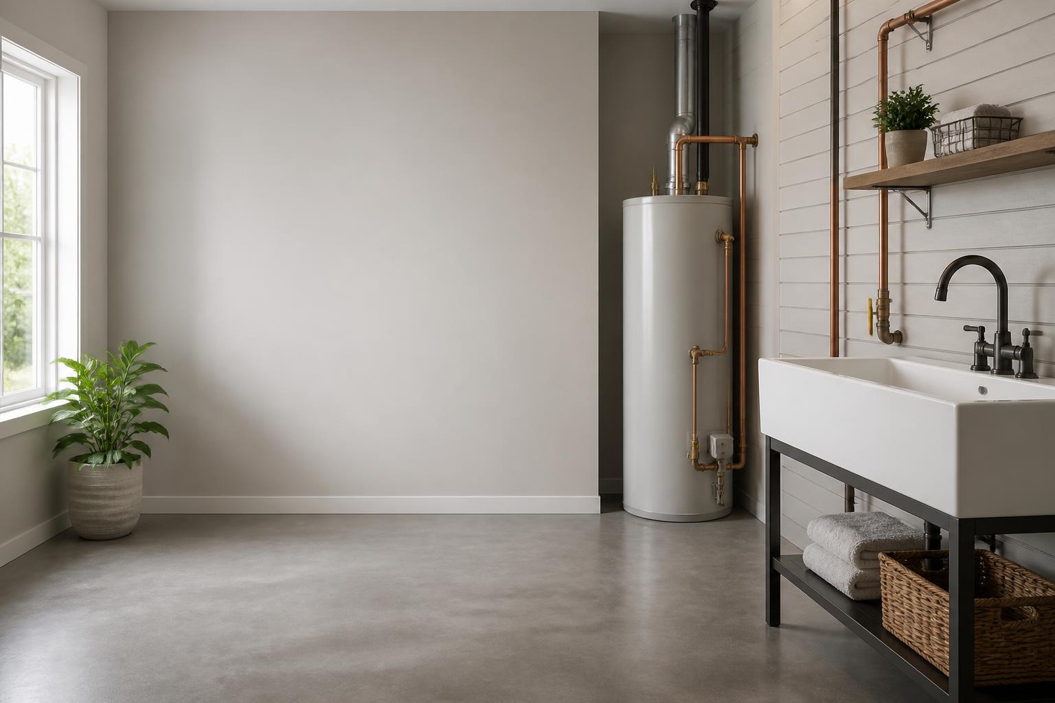 Clean finished plumbing space with calm light and open negative space